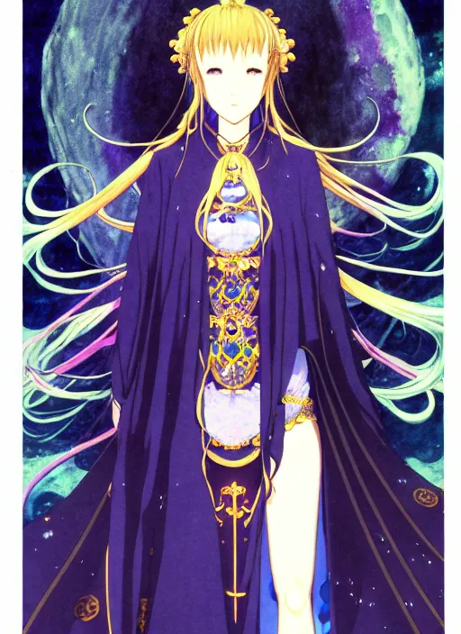 Prompt: full body portrait of the moon priestess, enchanted, dark, concept art, Kyoto animation,last exile, blue submarine no. 6, katsura masakazu,tsutomu nihei, gustav klimt,loish, murata range, kawaii, studio lighting, manga, bright colors, anime,beautiful, 35mm lens,noir, vibrant high contrast, gradation, jean giraud, moebius, fantasy, rule of thirds, unreal engine, fibonacci, intricate, cel shaded, blender npr, flat, matte print, smooth, Ilya Kuvshinov