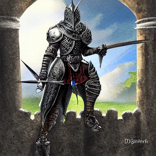 Prompt: black knight with raised broad sword standing atop castle, fantasy art, highly detailed, realistic, Diego Gisbert style,