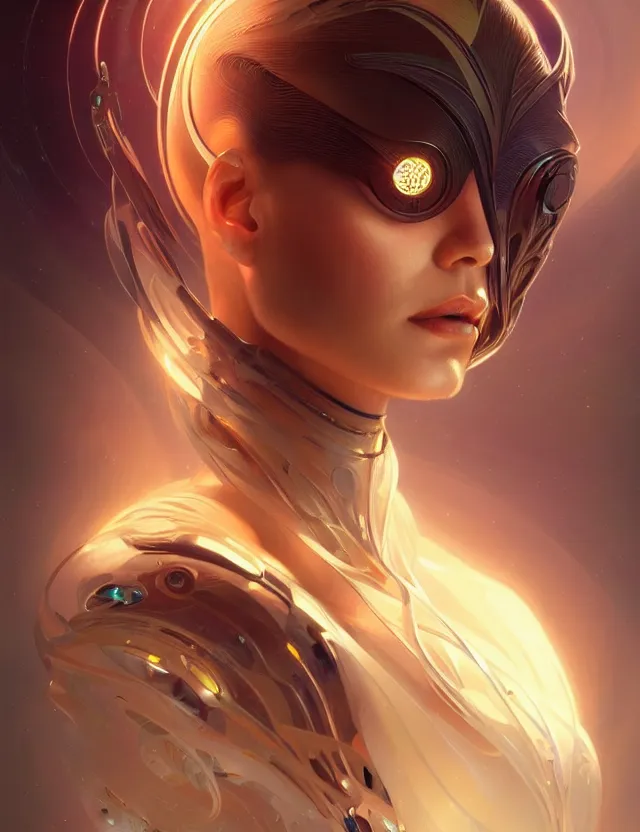 Image similar to futuristic woman portrait, sci-fi, amber eyes, face, long hair, fantasy, intricate, elegant, highly detailed, digital painting, artstation, concept art, smooth, sharp focus, illustration, art by artgerm and greg rutkowski and alphonse mucha