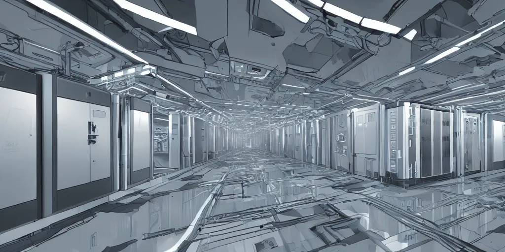 Image similar to parallax datacenter server room white rusty robocowboy in artstation