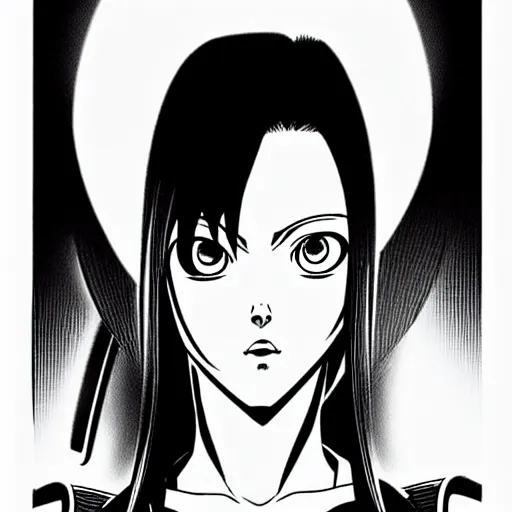 Image similar to alita by yukito kishiro. medium shot. black and white manga. pencil drawing. high detailed face