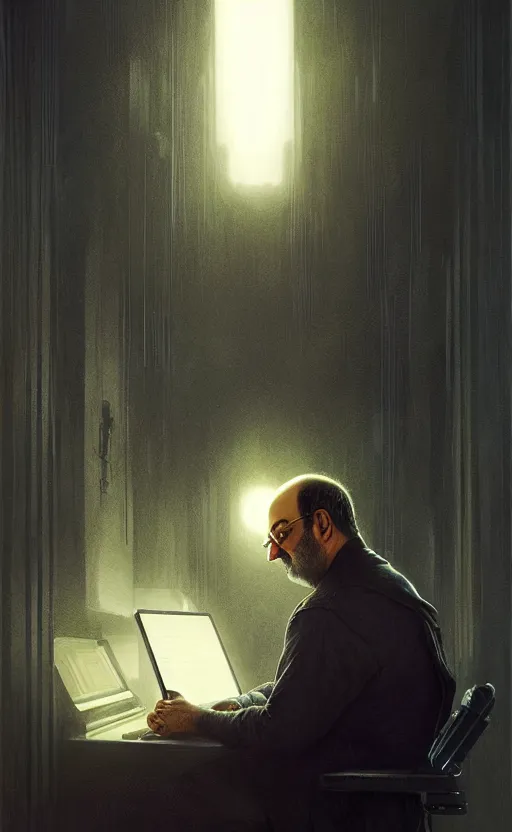 Image similar to portrait of salman rushdie writing in the dark, deep focus, blade runner 2 0 4 9, fantasy, intricate, elegant, highly detailed, digital painting, artstation, concept art, matte, sharp focus, illustration, art by artgerm and greg rutkowski and alphonse mucha