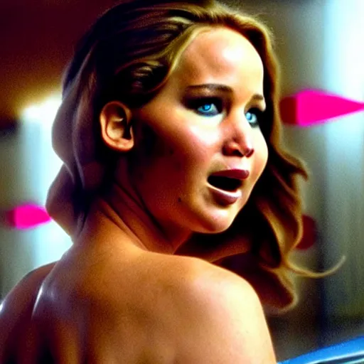 Prompt: cinematic jennifer lawrence, color photography, sharp detail, confused, still from the movie speed racer