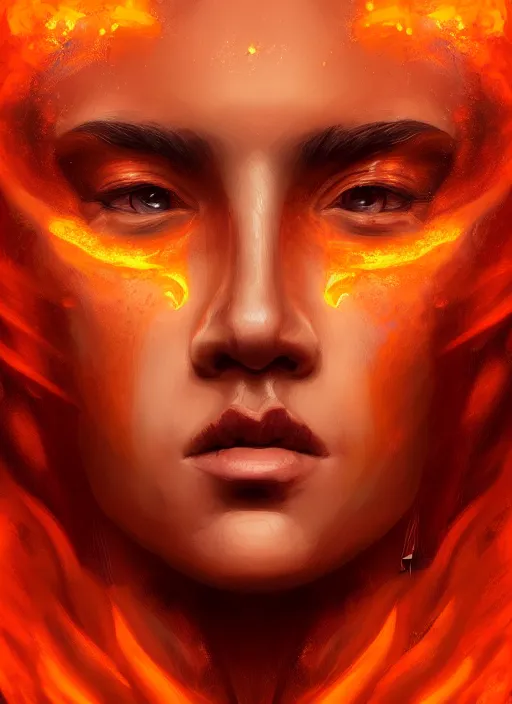 Image similar to face portrait of the empress of flames, perfect face details, symmetry, digital painting, trending on artstation and deviantart, epic composition, dynamic, highly detailed, ross draws, wlop, 8 k