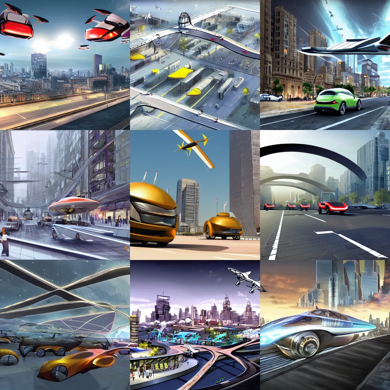 Image similar to flying cars in the city some stop at stations, concept art