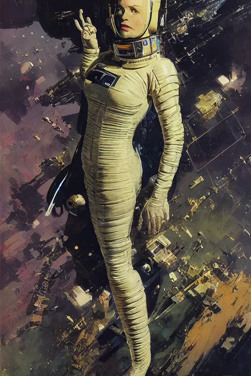 Prompt: pulp scifi fantasy illustration full body portrait of elegant woman wearing latex spacesuit, by norman rockwell, jack kirby, john berkey, bergey, craig mullins, ruan jia, raymond swanland, jeremy mann, beksinski, tom lovell, rodney matthews