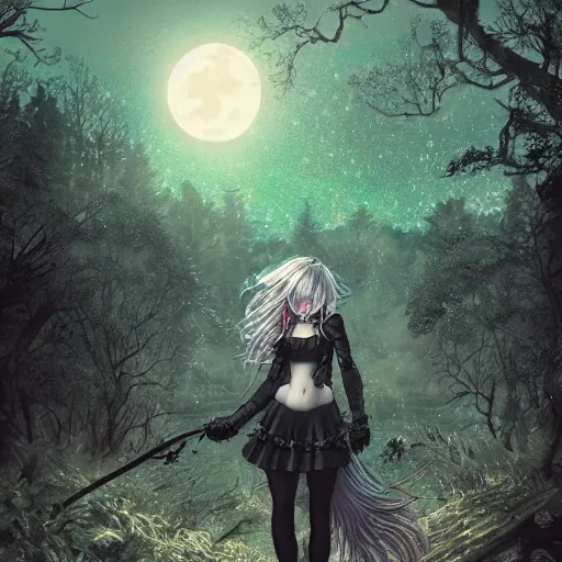 Image similar to goth woman in a moonlight view, in a forest, a river, tankoban, 4 k, tone mapping, akihiko yoshida, james jean andrei riabovitchev marc simonetti, yoshitaka amano, long hair, curly, h. hydrochaeri