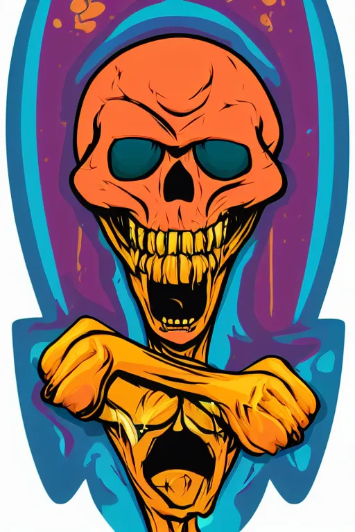 Prompt: rockstar skeletor, art by brian miller, sticker, colorful, illustration, highly detailed, simple, smooth and clean vector curves, no jagged lines, vector art, smooth