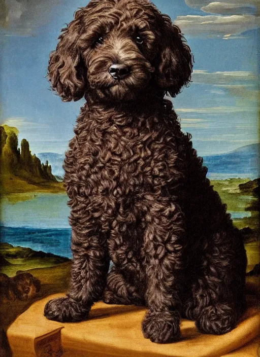 Prompt: Renaissance painting of a black goldendoodle