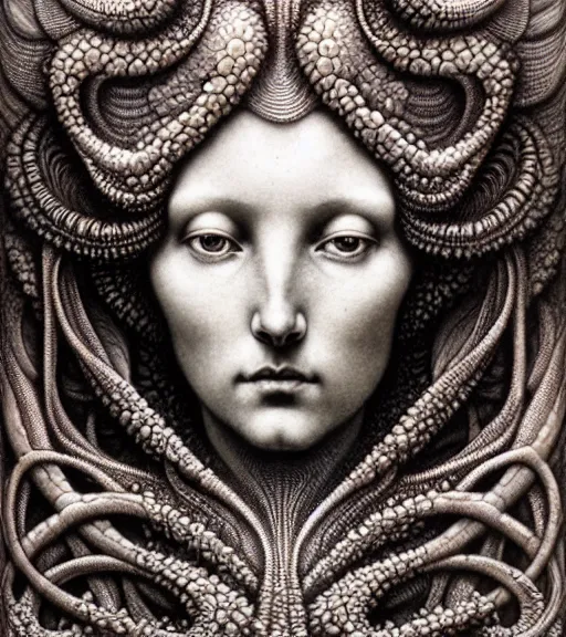 Image similar to detailed realistic beautiful reef goddess face portrait by jean delville, gustave dore, iris van herpen and marco mazzoni, art forms of nature by ernst haeckel, art nouveau, symbolist, visionary, gothic, neo - gothic, pre - raphaelite, fractal lace, intricate alien botanicals, ai biodiversity, surreality, hyperdetailed ultrasharp octane render