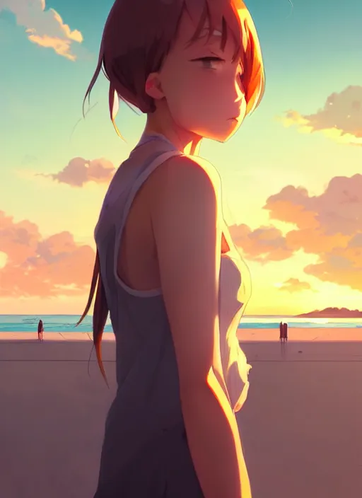 Image similar to side portrait of cute girl, sunset sky in background, beach landscape, illustration concept art anime key visual trending pixiv fanbox by wlop and greg rutkowski and makoto shinkai and studio ghibli and kyoto animation, futuristic wheelchair, symmetrical facial features, future clothing, realistic anatomy, backlit