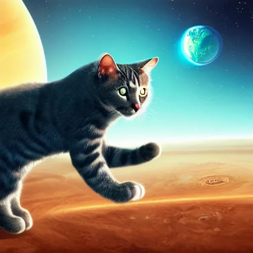 Image similar to A cat with beautiful blue eyes in a space suit jumping over the Saturn planet, digital illustration, concept art, 8k, trending on artstation, highly detailed