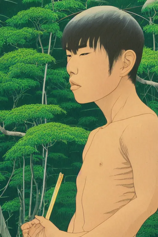 Image similar to a closeup portrait of a young japanese man taking mind altering drugs, a blotter paper of lsd acid and dreaming psychedelic hallucinations in the vast green landscapes of the amazon jungle, by kawase hasui, moebius, edward hopper, colorful flat surreal design, hd, 8 k, artstation