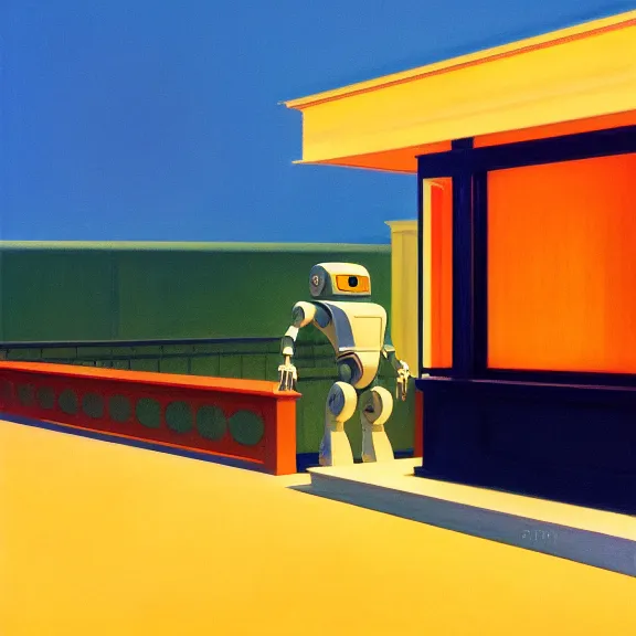 Image similar to beautiful illustration of a robot on light background by Edward Hopper, clean lines, very detailed, colorful octane render