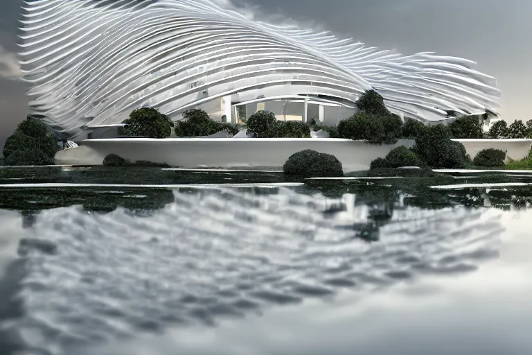 Prompt: a building composed of many white spherical egg shaped circular spaces and boolean combinations stacked together. on the calm lake, people's perspective modern curved architecture, future, wood, marble, metal award winning, highly detailed 4 k art, dusk, unreal engine highly rendered, global illumination, radial light, internal environment by kazuyo sejima