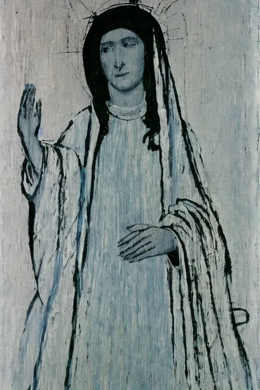 Prompt: virgin mary of lourdes painted by cy twombly and andy warhol