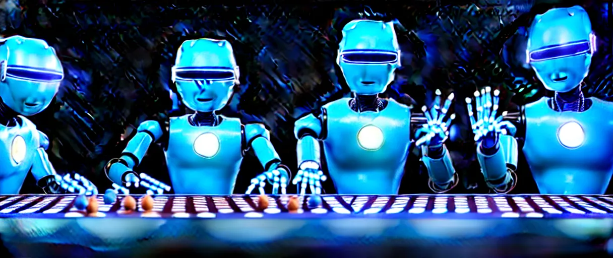 Image similar to a highly detailed photo of two futuristic matte blue full humanoid robots with glowing led eyes and chrome accents, sitting on large midcentury recliners facing off in an intense game of checkers. cinematic movie photograph, cinematic lighting, arri alexa, extremely detailed, smooth, very very clean, 8 k, octane render, maya render, unreal engine, trending on artstation, dslr