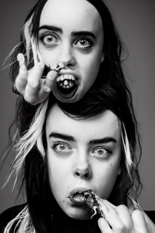 Image similar to black and white photo of Billie eilish with a crustacean crawling out of her mouth