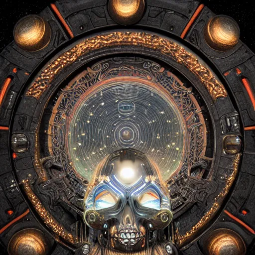 Image similar to cosmic deity with cyclops stargate eye and circuit board structure skull, intricate detail, royo, whealan, giger, hd, 8 k, octane render, unreal engine,