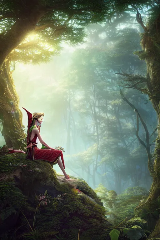 Prompt: a beautiful render of an elf goddess gazing at a wonderous and magical forest, intrical details, fantasy image, ultra detailed, by peter rohrbacher, octane render, soft light