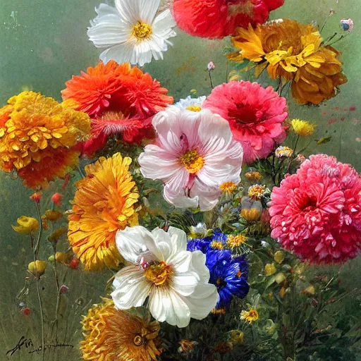 Image similar to summer flowers by jean - baptiste monge, masterpiece, colorful