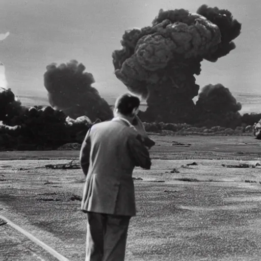 Image similar to Mr Bean watching the atomic bomb explode in the distance