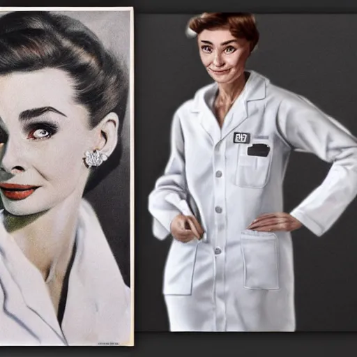Image similar to a highly detailed epic cinematic concept art CG render digital painting artwork costume design: Audrey Hepburn as a 1950s scientist lunatic in a lab coat, with wild unkempt hair. By Mandy Jurgens, Simon Cowell, Barret Frymire, Dan Volbert, David Villegas, Irina French, Heraldo Ortega, Rachel Walpole, Jeszika Le Vye, trending on ArtStation, excellent composition, cinematic atmosphere, dynamic dramatic cinematic lighting, aesthetic, very inspirational, arthouse