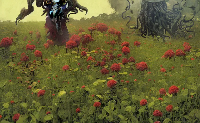 Image similar to cthulhu devouring a meadow with flowers and hedge mazes. lovecraftian horror. highly detailed science fiction painting by norman rockwell, frank frazetta, and syd mead. rich colors, high contrast, gloomy atmosphere, dark background. trending on artstation