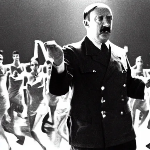 Image similar to A still of Hitler performing in a 1970s music video