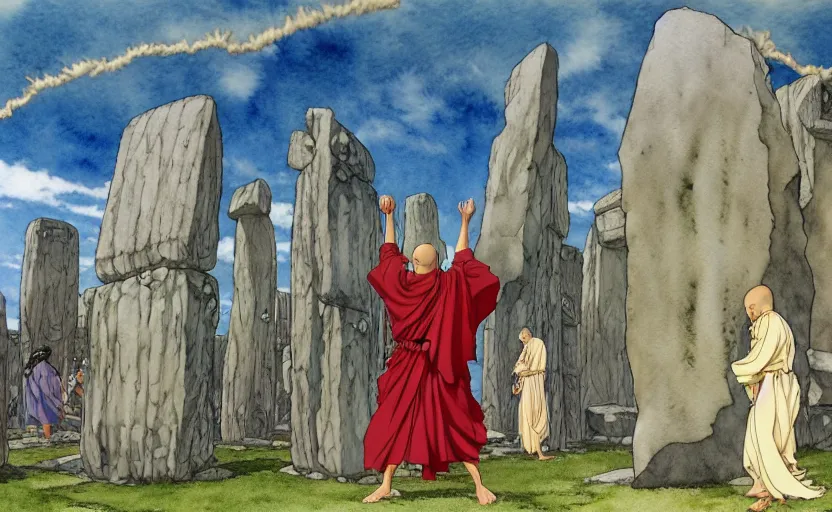 Prompt: a realistic anime watercolor fantasy concept art of a giant monk with a big forehead in grey robes dancing in stonehenge. several immense stones are floating in the air. by rebecca guay, michael kaluta, charles vess