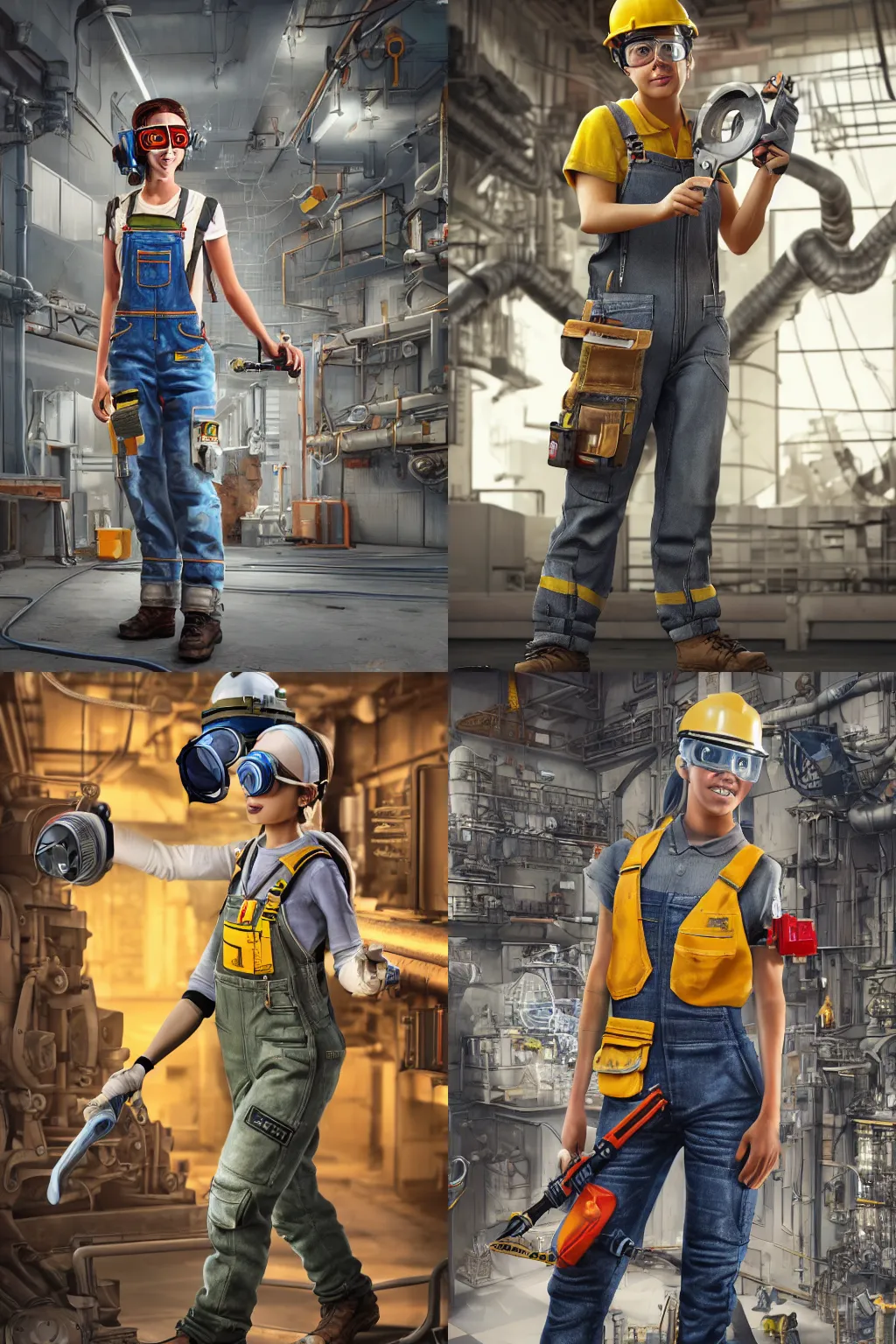 Prompt: highly detailed full body character art of a female engineer wearing overalls, goggles, toolbelt, holding a wrench, serious, concentrated, industrial aesthetic, full body, highly detailed, photo realistic, technical atmosphere, 8K, octane render, unreal engine