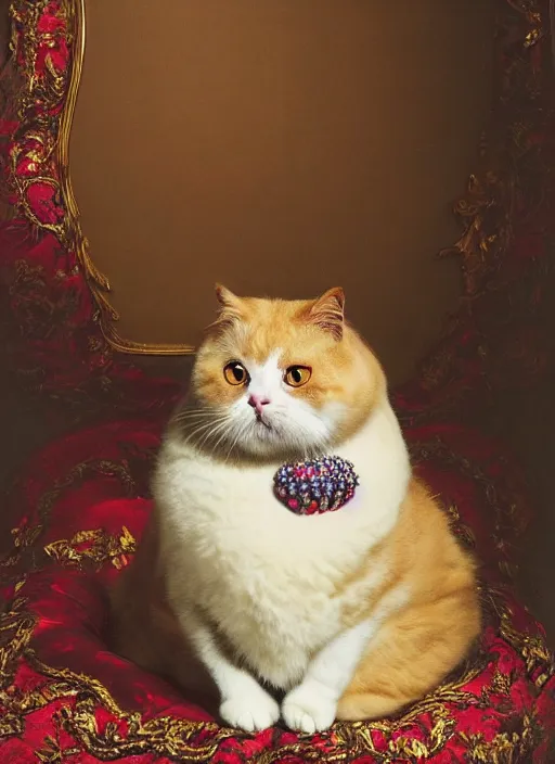 Image similar to a magnificent portrait of a fluffy fat cat on a precious embroidered velvet cushion on a neo - rococo gilded little bed with precious stones, ball of yarns all around, by david lachapelle, photorealistic, canon r 3, photography, wide shot, symmetrical features, symmetrical pose, wide angle shot, standing pose, feet on the ground