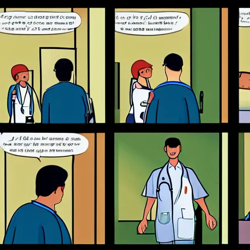Prompt: 4 panel comic, the first panel shows a man entering a hospital, the second panel shows the man talking to a person at the desk, the third panel shows the man talking to a doctor, the fourth panel shows the man next to a woman laying on bed