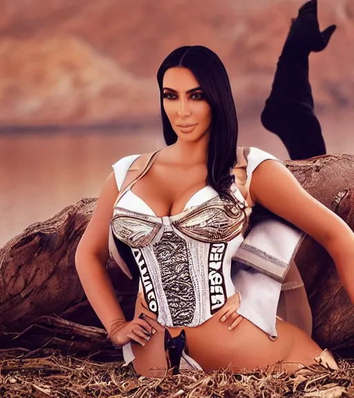 Image similar to professional photo of kim kardashian wearing a hooters uniform, laying on the ground by a lake, intricate, elegant, highly detailed, smooth, sharp focus.