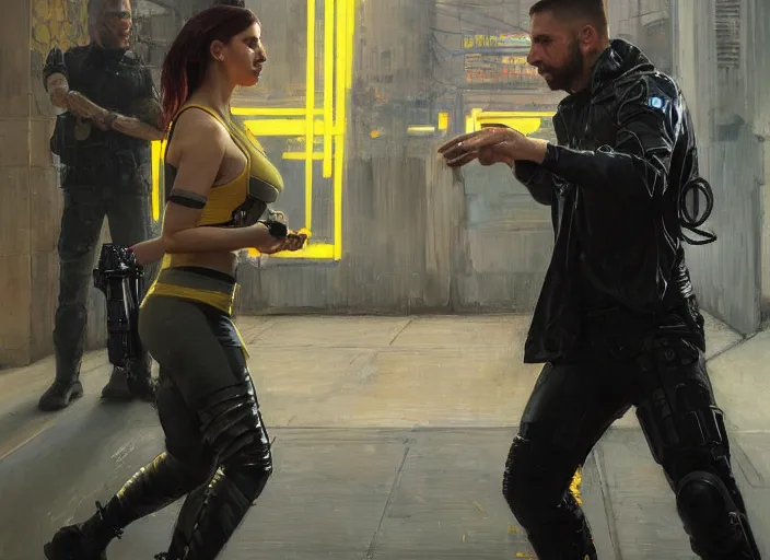 Image similar to Maria defeats sgt Nash. Cyberpunk hacker wearing yellow fighting menacing police troopers (blade runner 2049, cyberpunk 2077). beautiful face. Orientalist portrait by john william waterhouse and James Gurney and Theodore Ralli and Nasreddine Dinet, oil on canvas. Cinematic, hyper realism, realistic proportions, dramatic lighting, high detail 4k