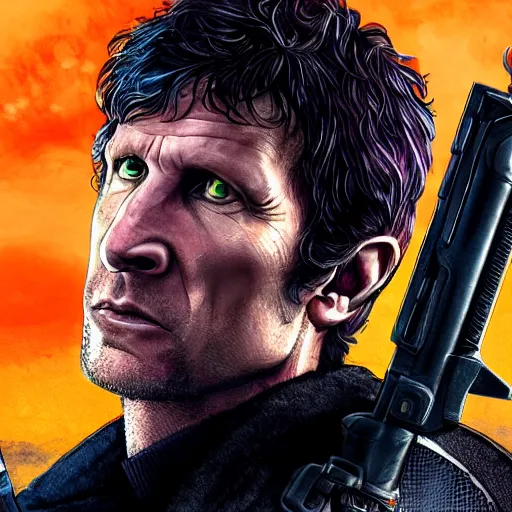 Prompt: todd howard with a gun, forcing you to buy skyrim, threatening, sharp, cinematic, colorful, digital art, neon, bright, cyberpunk, blade runner 2 0 4 9, realism, bold
