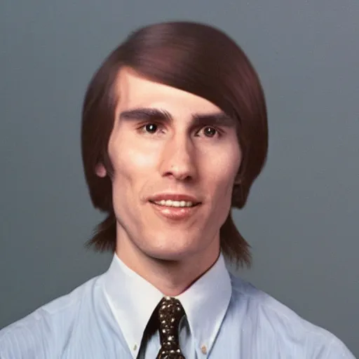 Image similar to A photograph portrait of Jerma985 with short-medium length hair a combover wearing early 1970s menswear in the early 1970s, taken in the early 1970s, grainy, taken on a 1970s Polaroid Camera, realistic, hyperrealistic, very realistic, highly detailed, very detailed, extremely detailed, detailed, digital art, trending on artstation, colorized photo