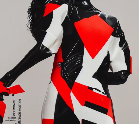 Image similar to black marble statue of a beautiful woman with colorful motocross logos in the style of virgil abloh, very very beautiful, detailed, off white, heron preston, 8 k, 4 k, detailed, beautiful, symmetrical, vogue, editorial, fashion, magazine, model