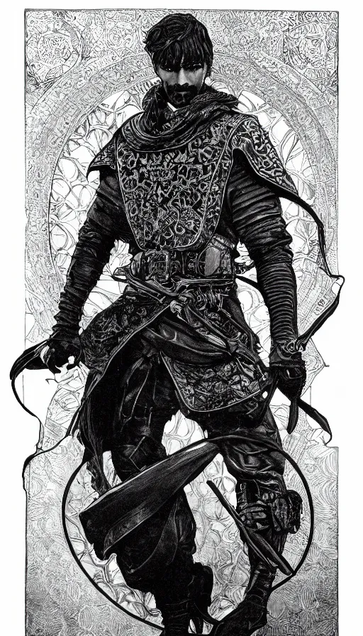 Image similar to a black and white ink fine ink drawing of a thief, from of thrones, in leather armor, fibonacci, sweat drops, intricate fashion clothing, concept art, smooth, sharp focus, portrait, illustration, art by alphonse mucha and travis charest