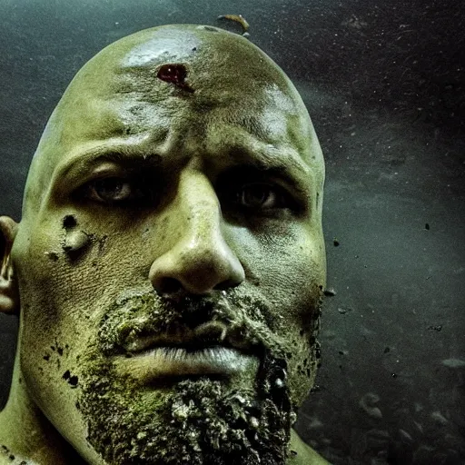 Image similar to Award-winning photograph by Mar Mann. The photo depicts a decaying roman bust of Dwayne Johnson overgrown with moss at the bottom of the sea in the middle of ruins of civilization. Minimalism, high definition, perfect composition. Deep sea picture. Very dark. Volumetric Lighting. Fish. Darkness. Ruins