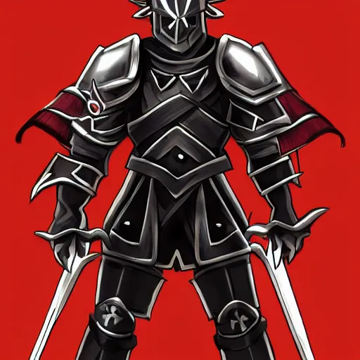 Prompt: Knight with black greatsword and black plate armour, one-eyed, emitting evil red aura, armor merging with body, head turning into half human half wolf hybrid, full body shot, anime blade style art