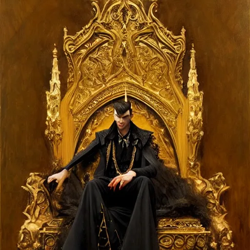 Image similar to perfectly centered portrait of attractive vampire king in gold gothic robe sitting on a throne of black bones, highly detailed painting by gaston bussiere, craig mullins, j. c. leyendecker, 8 k
