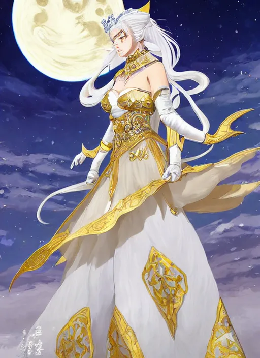 Image similar to commissioned full body portrait of a female anthro wolf princess fursona with white hair wearing a white and gold Chinese armored dress in a white and gold palace on a starry night with a large crescent moon, by a professional manga illustrator, Stanley Artgerm Lau, WLOP, Rossdraws, James Jean, Andrei Riabovitchev, Marc Simonetti, and Sakimichan, trending on artstation