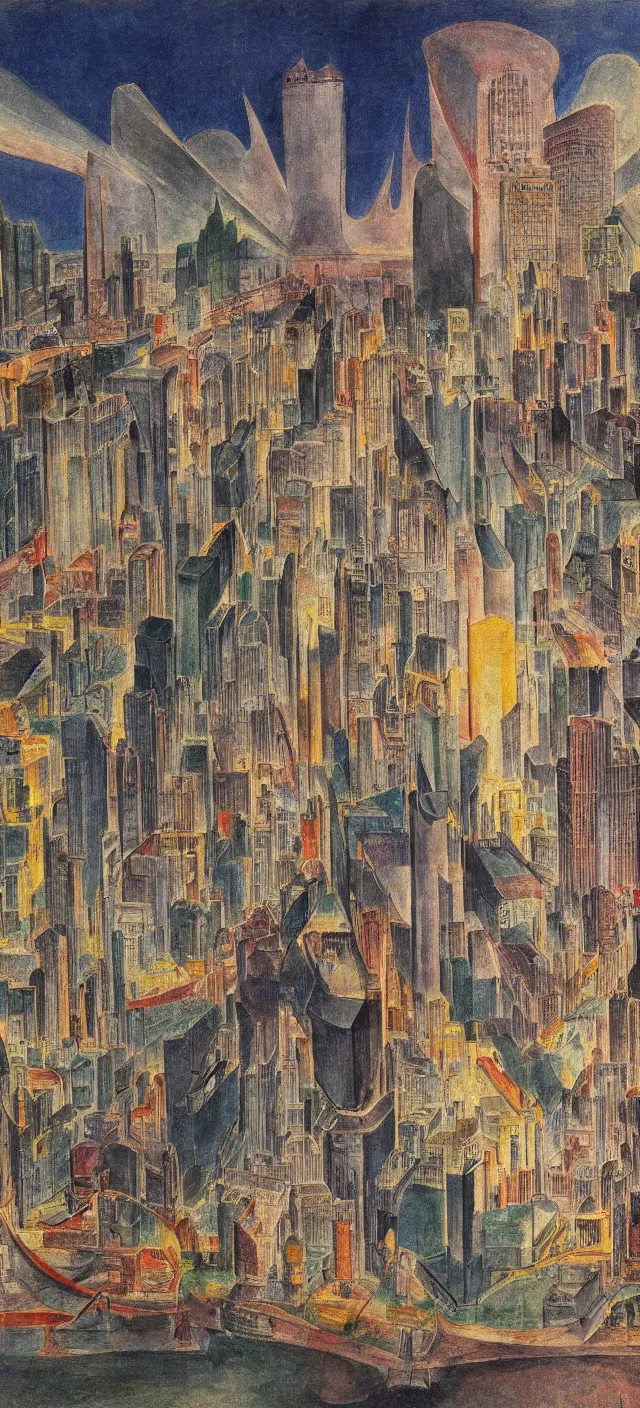 Prompt: a cityscape by william blake, colorful, futuristic