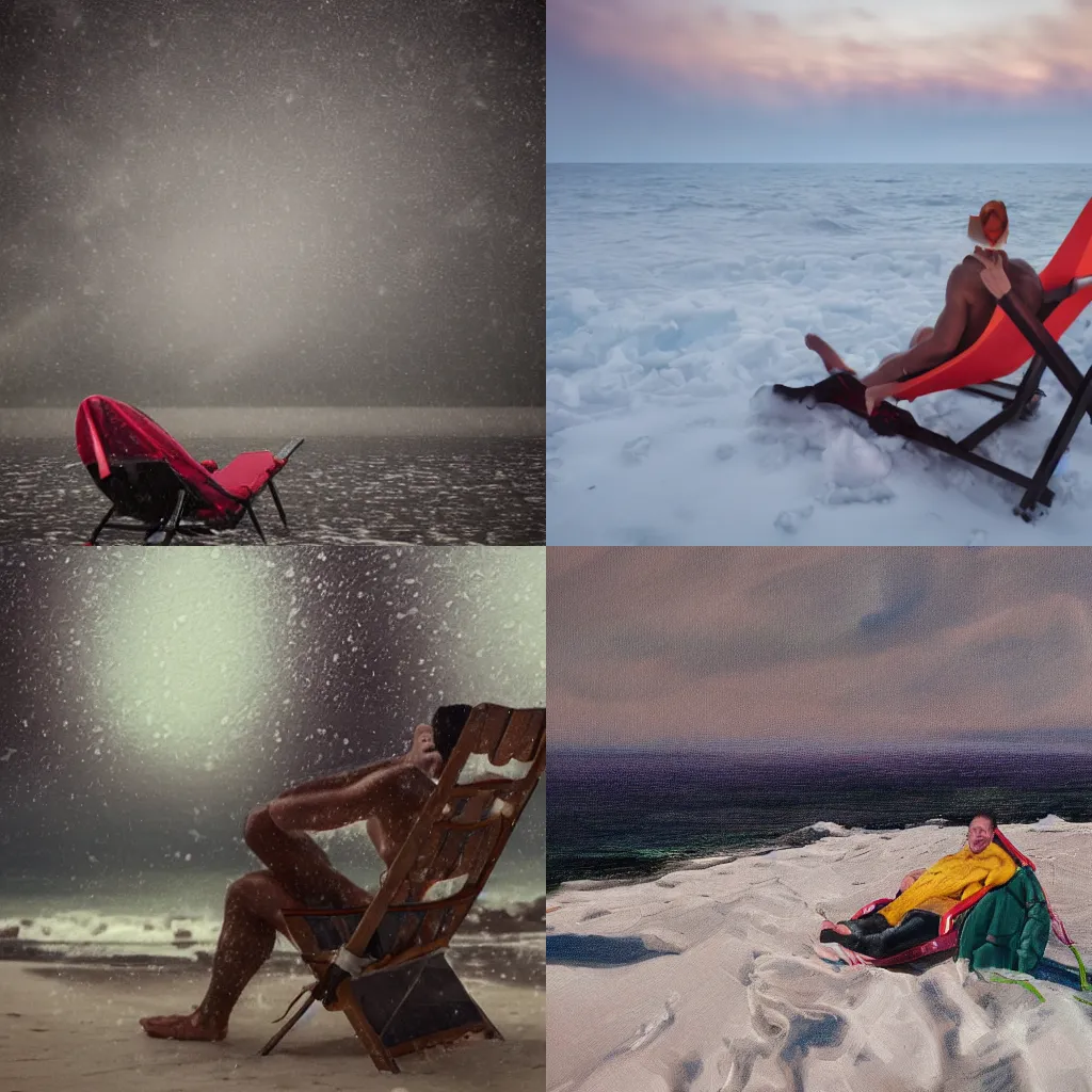 Prompt: photorealistic picture of a beautiful muscular man in swimwear lying in a beach chair in the arctic during a snowstorm, warm colours