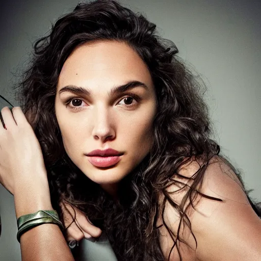 Image similar to a beautiful close - up shot of gal gadot, beautiful soft light failling on her face, studio photography by annie leibovitz