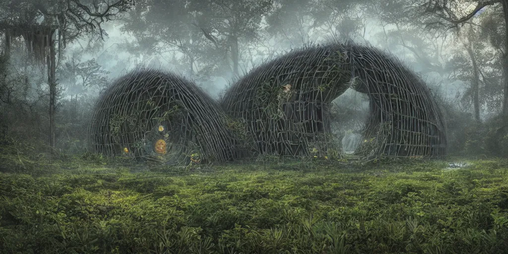 Image similar to a organic house structure made of strange plants, located in a swamp at sunrise, (mist), ultra wide angle, moebius, chillwave, futuresynth, door, windows, fireflies