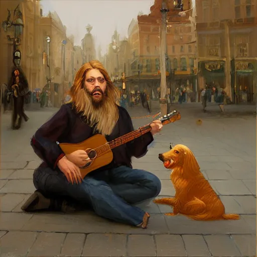 Image similar to oil painting of a young man with long hair blond and a beard hippie style with his golden retrever dog playing guitar in the square for money, people watching around, by greg rutkowski, artstation