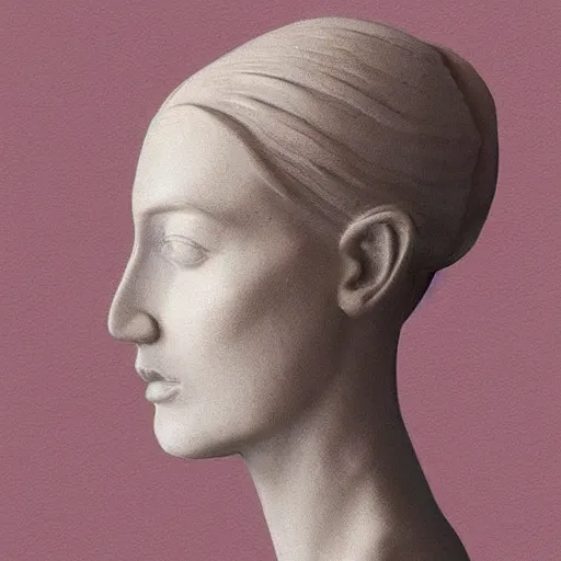 Image similar to sculpture of a woman's face in profile. She has high cheekbones, a strong jawline, and her hair is pulled back away from her face. She stares out at the viewer with a slight smile, her eyes half-lidded and her lips parted. There is a sense of calm and serenity about her. pastel red by Andrea Kowch robust