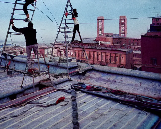 Image similar to lomo photo of roofjumpers climbing on roof of soviet hrushevka, small town, cinestill, bokeh, out of focus